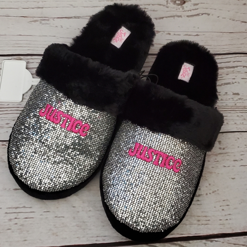 Justice girls slippers silver bling, pink logo, black faux fur size 6